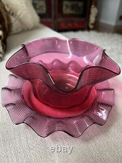 Antique Victorian Art Glass Cranberry Threaded Finger Bowl Set. Bowl+Dish. Ruffle