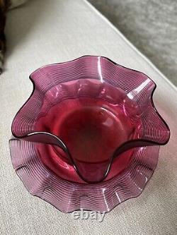 Antique Victorian Art Glass Cranberry Threaded Finger Bowl Set. Bowl+Dish. Ruffle