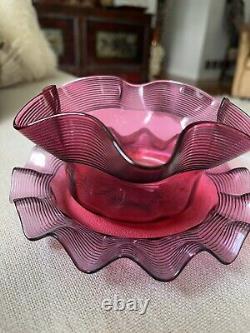 Antique Victorian Art Glass Cranberry Threaded Finger Bowl Set. Bowl+Dish. Ruffle