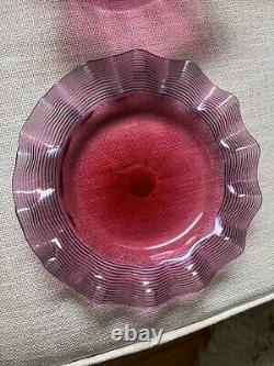 Antique Victorian Art Glass Cranberry Threaded Finger Bowl Set. Bowl+Dish. Ruffle