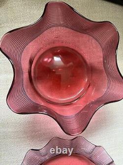 Antique Victorian Art Glass Cranberry Threaded Finger Bowl Set. Bowl+Dish. Ruffle