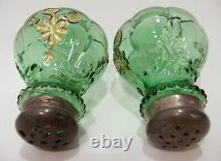 Antique Victorian Art Glass EAPG Salt & Pepper Shakers Ivy Scroll Gold Enamel H2