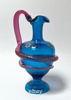 Antique Victorian Art Glass Ewer Jug Snake Handle Enamel Decoration