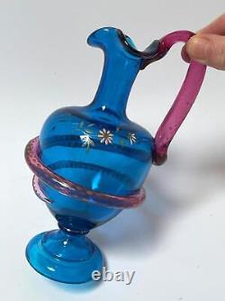 Antique Victorian Art Glass Ewer Jug Snake Handle Enamel Decoration