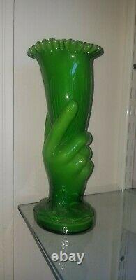 Antique Victorian Art Glass Green Cased Glass Hand Vase Ruffled