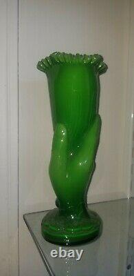 Antique Victorian Art Glass Green Cased Glass Hand Vase Ruffled