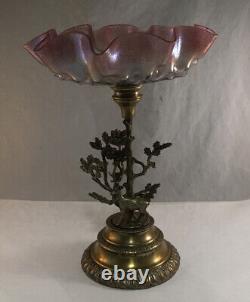 Antique Victorian Art Glass Loetz Type Centerpiece Brides Basket Tazza Stag Base