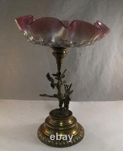 Antique Victorian Art Glass Loetz Type Centerpiece Brides Basket Tazza Stag Base