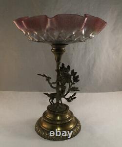 Antique Victorian Art Glass Loetz Type Centerpiece Brides Basket Tazza Stag Base