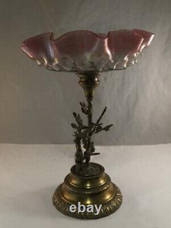 Antique Victorian Art Glass Loetz Type Centerpiece Brides Basket Tazza Stag Base