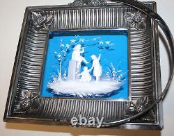 Antique Victorian Art Glass Mary Gregory Blue Cake Plate