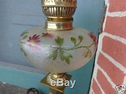 Antique Victorian Art Glass Painted Floral Onyx Base Table Peg Lamp Converted