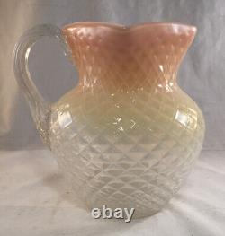 Antique Victorian Art Glass Peachblow Opalescent Quilted Diamond Water Pitcher