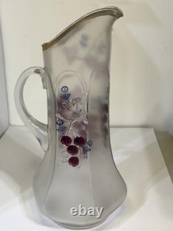 Antique Victorian Art Glass Pitcher Panelled Satin Floral Northwood 13.5 Antique Victorian Art Glass Pitcher Panelled Satin Floral Northwood 13.5