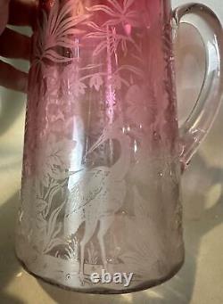 Antique Victorian Art Glass Pitcher with Stencil Decorate Flowers & Heron