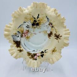 Antique Victorian Art Glass Ruffle Handpainted Bowl Large Floral Antique Victorian Art Glass Ruffle Handpainted Bowl Large Floral