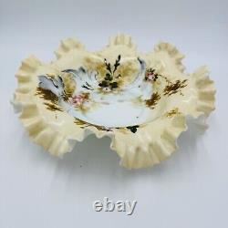 Antique Victorian Art Glass Ruffle Handpainted Bowl Large Floral