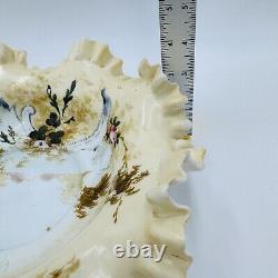 Antique Victorian Art Glass Ruffle Handpainted Bowl Large Floral Antique Victorian Art Glass Ruffle Handpainted Bowl Large Floral