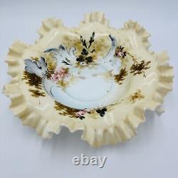 Antique Victorian Art Glass Ruffle Handpainted Bowl Large Floral