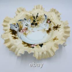 Antique Victorian Art Glass Ruffle Handpainted Bowl Large Floral Antique Victorian Art Glass Ruffle Handpainted Bowl Large Floral