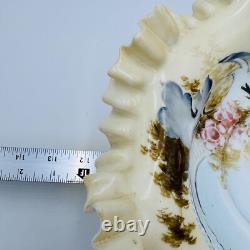 Antique Victorian Art Glass Ruffle Handpainted Bowl Large Floral Antique Victorian Art Glass Ruffle Handpainted Bowl Large Floral