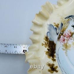 Antique Victorian Art Glass Ruffle Handpainted Bowl Large Floral