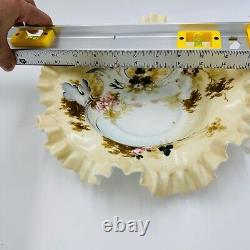 Antique Victorian Art Glass Ruffle Handpainted Bowl Large Floral