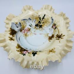 Antique Victorian Art Glass Ruffle Handpainted Bowl Large Floral Antique Victorian Art Glass Ruffle Handpainted Bowl Large Floral