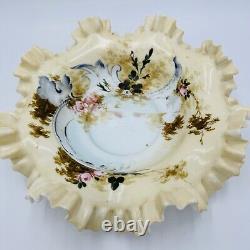 Antique Victorian Art Glass Ruffle Handpainted Bowl Large Floral