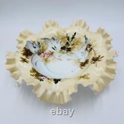 Antique Victorian Art Glass Ruffle Handpainted Bowl Large Floral Antique Victorian Art Glass Ruffle Handpainted Bowl Large Floral