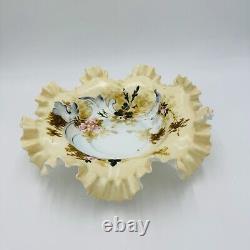 Antique Victorian Art Glass Ruffle Handpainted Bowl Large Floral