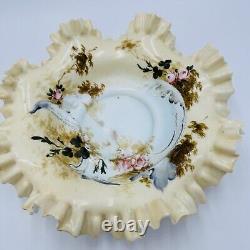 Antique Victorian Art Glass Ruffle Handpainted Bowl Large Floral