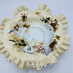 Antique Victorian Art Glass Ruffle Handpainted Bowl Large Floral Antique Victorian Art Glass Ruffle Handpainted Bowl Large Floral