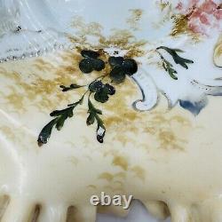 Antique Victorian Art Glass Ruffle Handpainted Bowl Large Floral