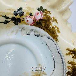 Antique Victorian Art Glass Ruffle Handpainted Bowl Large Floral