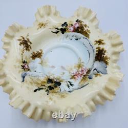 Antique Victorian Art Glass Ruffle Handpainted Bowl Large Floral Antique Victorian Art Glass Ruffle Handpainted Bowl Large Floral