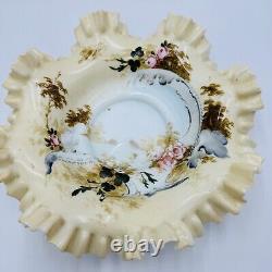 Antique Victorian Art Glass Ruffle Handpainted Bowl Large Floral