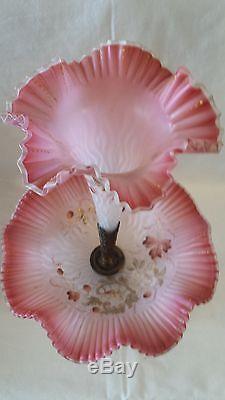 Antique Victorian Art Glass Single Lily Epergne Shaded Pink Satin Moire Enameled