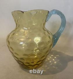 Antique Victorian Art Glass Thumbprint Pitcher with Blue Applied Glass Handle