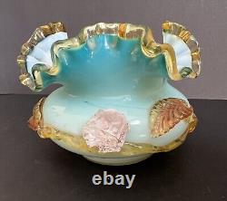 Antique Victorian Art Glass Uranium Hand Blown Ruffled Bowl Turquoise Glows