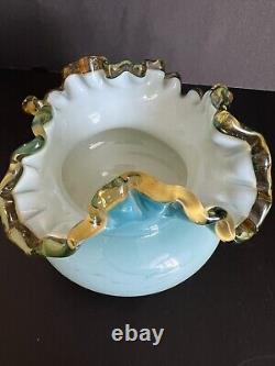Antique Victorian Art Glass Uranium Hand Blown Ruffled Bowl Turquoise Glows