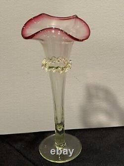 Antique Victorian Art Glass Vaseline Cranberry Uranium Glass Vase Ruffled Top