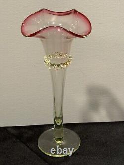 Antique Victorian Art Glass Vaseline Cranberry Uranium Glass Vase Ruffled Top