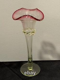 Antique Victorian Art Glass Vaseline Cranberry Uranium Glass Vase Ruffled Top