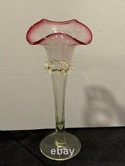 Antique Victorian Art Glass Vaseline Cranberry Uranium Glass Vase Ruffled Top