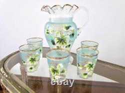 Antique Victorian Art Glass Water Lemonade Set Hand Enameled Antique Victorian Art Glass Water Lemonade Set Hand Enameled