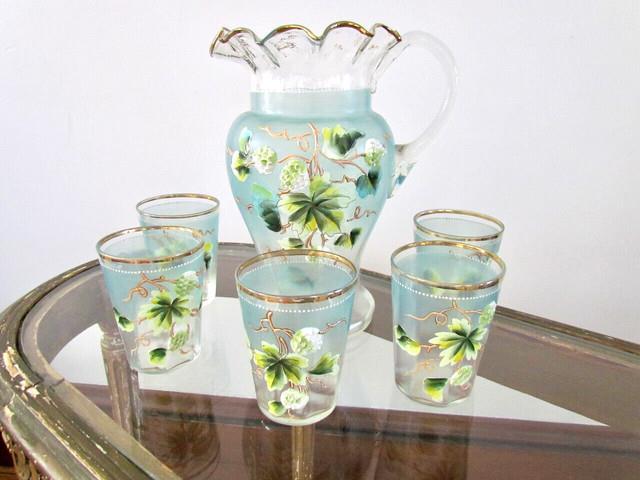 Antique Victorian Art Glass Water Lemonade Set Hand Enameled