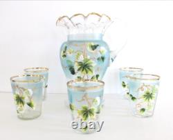 Antique Victorian Art Glass Water Lemonade Set Hand Enameled Antique Victorian Art Glass Water Lemonade Set Hand Enameled
