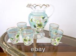 Antique Victorian Art Glass Water Lemonade Set Hand Enameled Antique Victorian Art Glass Water Lemonade Set Hand Enameled