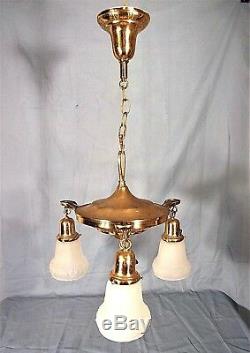 Antique Victorian Art Nouveau 3 Arm Brass Chandelier With Frosted Glass Shades